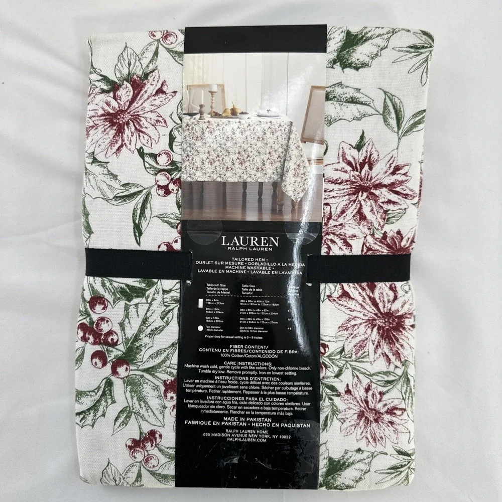 Lauren Ralph Lauren Tablecloth Holly Mistletoe Red Poinsettia Christmas 60 x 84